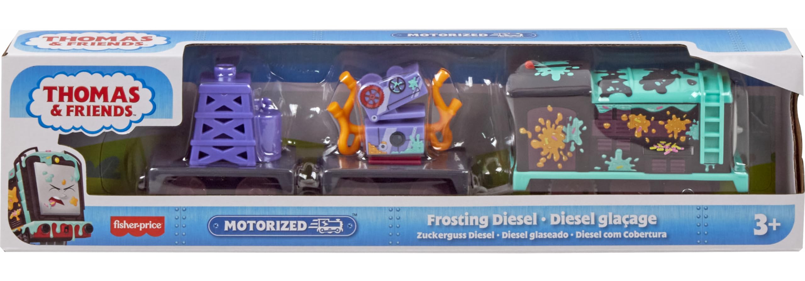 Thomas & Friends Motorized Toy Train, Frosting Diesel Engine with Cargo Car & Robot Piece for Preschool Kids Ages 3+ Years