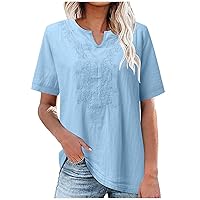 2024 Chinese Embroidered T-Shirts Women Boho Floral Pattern V Neck Casual Blouse Summer Short Sleeve Trendy Tee Tops