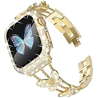 Wingle for Gold Apple Watch Bands 41mm for Women, iWatch Series 8 7 Butterfly Diamond Bracelet Rhinestone Crystal Strap Stainless Steel Metal Band with Bling Screen Protector Case Dressy Chain,41 mm