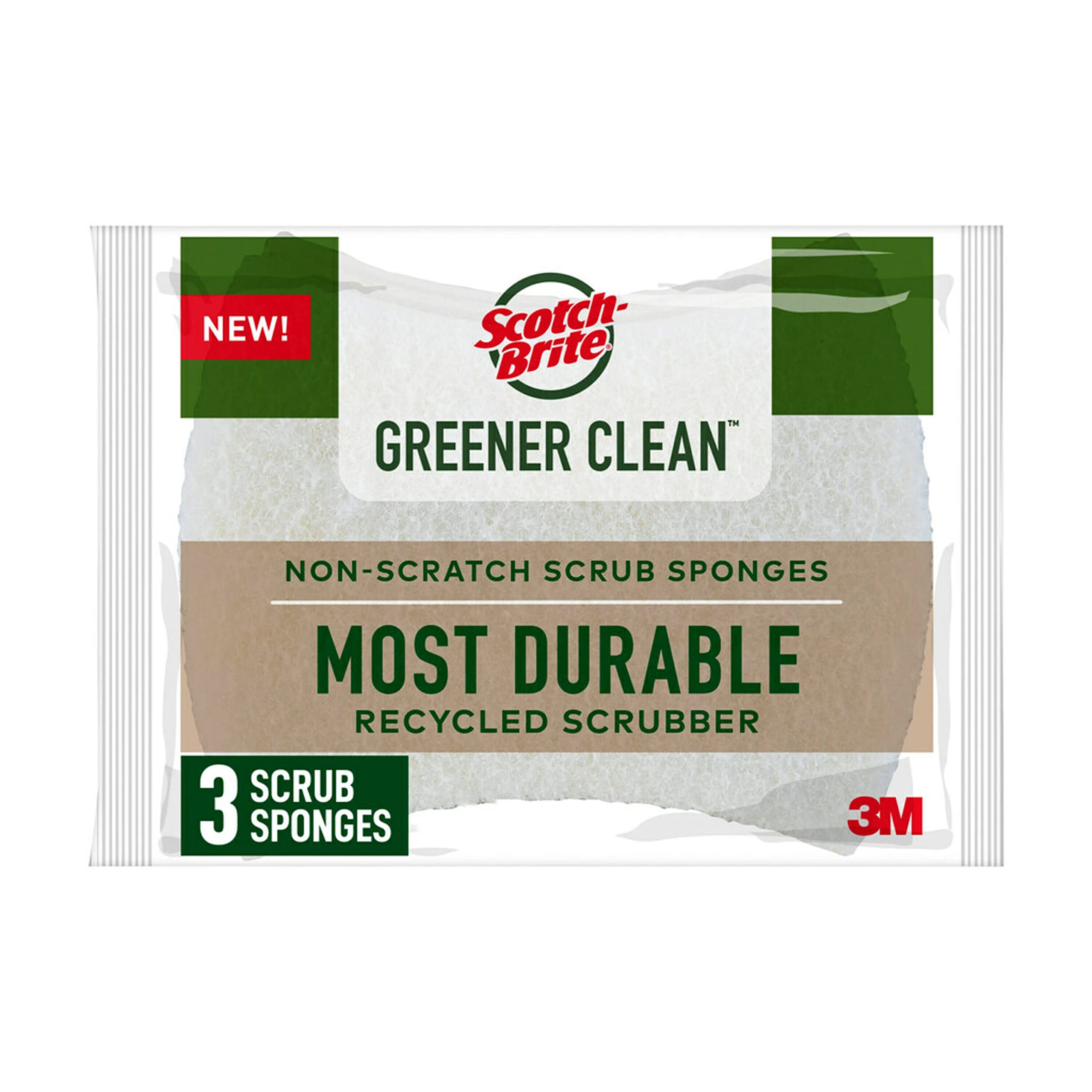Scotch-Brite Greener Clean Non-Scratch Scrub Sponge, Sponge for Washing Dishes, Cleaning Kitchen, Superior Performance and Made with Sustainable Materials, Dishwasher Safe, 3 Scrub Sponges