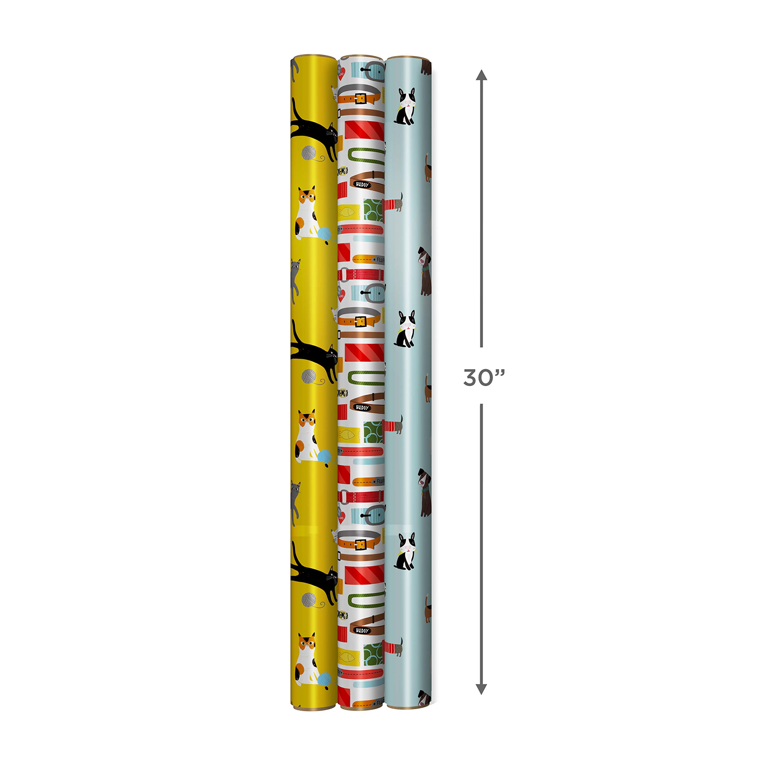 Hallmark Reversible Dog and Cat Wrapping Paper (3 Rolls: 75 sq ft ttl) Yellow, Black and White Stripes, Paw Prints, Pug, Yorkie, Hound for Birthdays, Baby Showers, Christmas, New Pet, Back to School