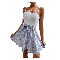 Summer Dress for Women Contrast Floral Print Belted Cami Dresses (Size : Large)