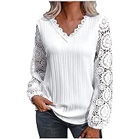 Women's Long Sleeve Shirts Lace Trim V Neck Cute Tops Spring Lace Puff Sleeve Pleated Flowy Blouse Lightweight Tshirts