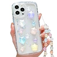 Compatible with iPhone 15 Pro Case Clear Cute 3D Five Pointed Colorful Sparkling Stars with Bracelet Chain Design for Girls Women Kawaii Protective case for iPhone 15 Pro-Colored Stars