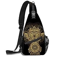 Gold Owl Sling Bag Hiking Crossbody Backpack Travel Casual Daypack for Women Men with Strap Lightweight Outdoor Sport Runners Climbing