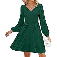 ZESICA Women's Casual V Neck Long Sleeve Smocked High Waist Ruffle A Line Tiered Mini Dress