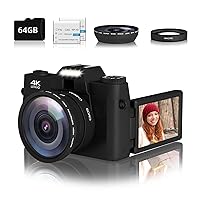 Vlogging Camera, 4K 48MP Digital Camera for Photography, 16X Digital Zoom, Vlogging Camera for YouTube with180 Degree Flip Screen, Wide Angle Lens, 2 Batteries and 64GB Micro SD Card (Black)