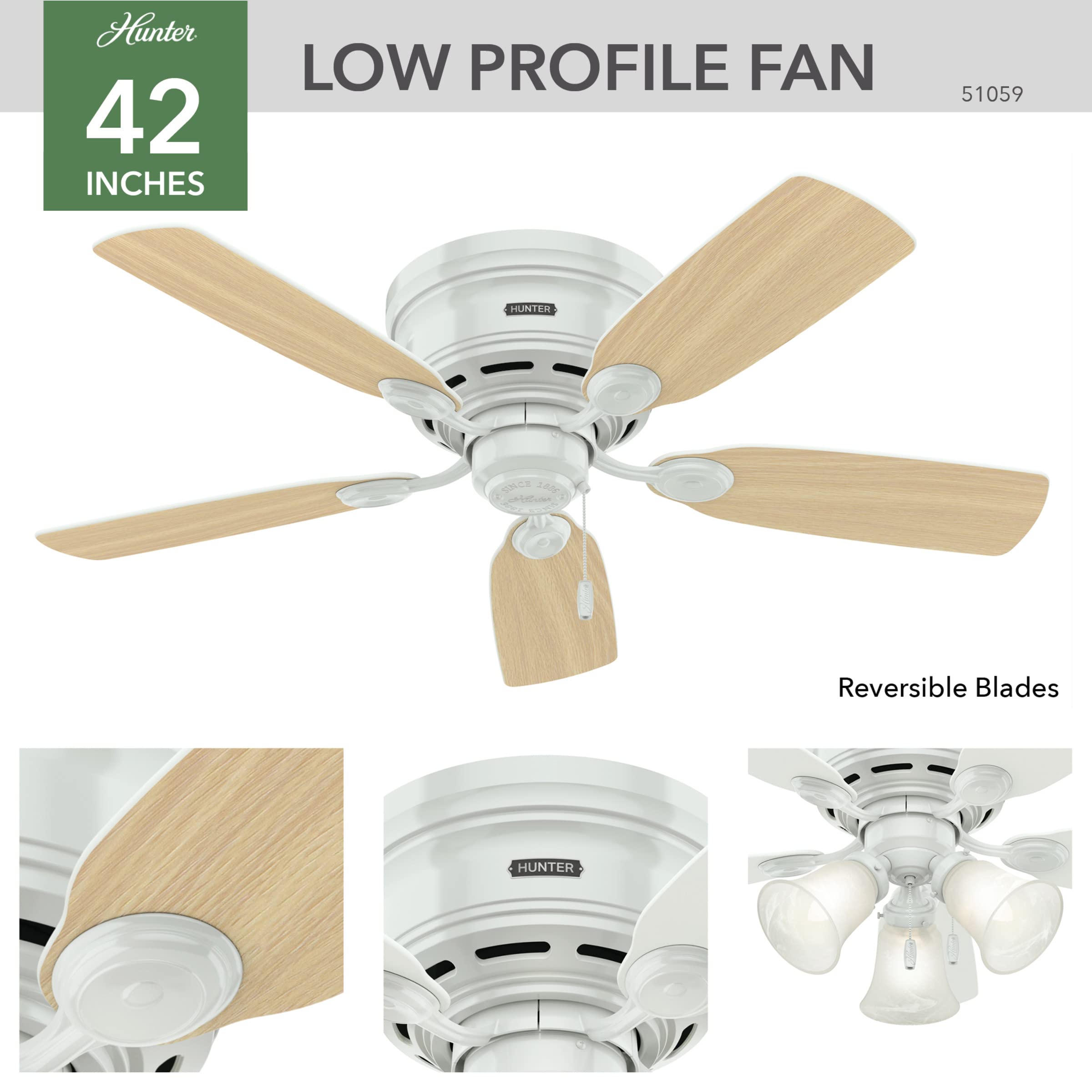 Hunter Fan Company 51059 Indoor Low Profile IV Ceiling Fan with Pull Chain Control, 42