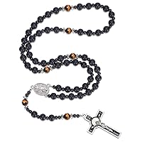 HANDMADE Catholic 8mm Beads Rosary for Men Wearable Large Black Rosary Necklace with Miraculous Medal Rosaries Catholic Gifts