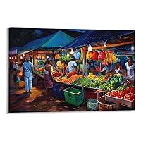 Caribbean Folk Art Poster Caribbean Market Selling Fruits West Indies Market Night Scene Painting Art Poster (4) Canvas Poster Wall Art Decor Print Picture Paintings for Living Room Bedroom Decoration