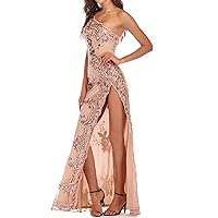 meilun Sparkly One Shoulder Sequin Formal Dress Evening Gowns High Slit Long Prom Dress