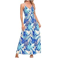 Sundresses for Women Sexy V Neck Sleeveless Spaghetti Strap Dress Summer Beach Dress Trendy Print Boho Maxi Dresses