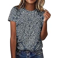 Womens Short Sleeve Tops Women's Fashion Casual Short Sleeve Flower Print Round Neck Pullover Top Blouse