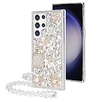 Losin Compatible with Galaxy S23 Ultra Bling Case Luxury 3D Diamond Crystal Rhinestone Shiny Gemstone Perfume Bottle and Flower Phone Case for Women and Girls Glitter Sparkle Chain Lanyard Strap
