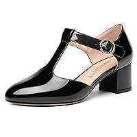 Women's Evening T Strap Patent Round Toe Chunky Low Heel Pumps Office Work Dress Shoes 2 Inch