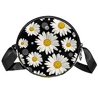 White Daisies And Circles Crossbody Bag for Women Teen Girls Round Canvas Shoulder Bag Purse Tote Handbag Bag