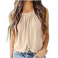 Tank Top for Women, Womens Round Neck Pleated Long Flowy Tank Tops Plain Loose Fit Summer Cute Basic Shirts