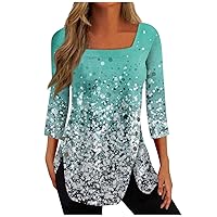 Trendy 3/4 Sleeve Tops for Women Plus,2024 Spring/Summer Versatile Print Tops Loose Casual Square Neck Button Print Three
