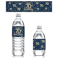 Navy Blue and Gold Happy Birthday Party Water Bottle Labels - 24 Waterproof Stickers (70th Birthday)