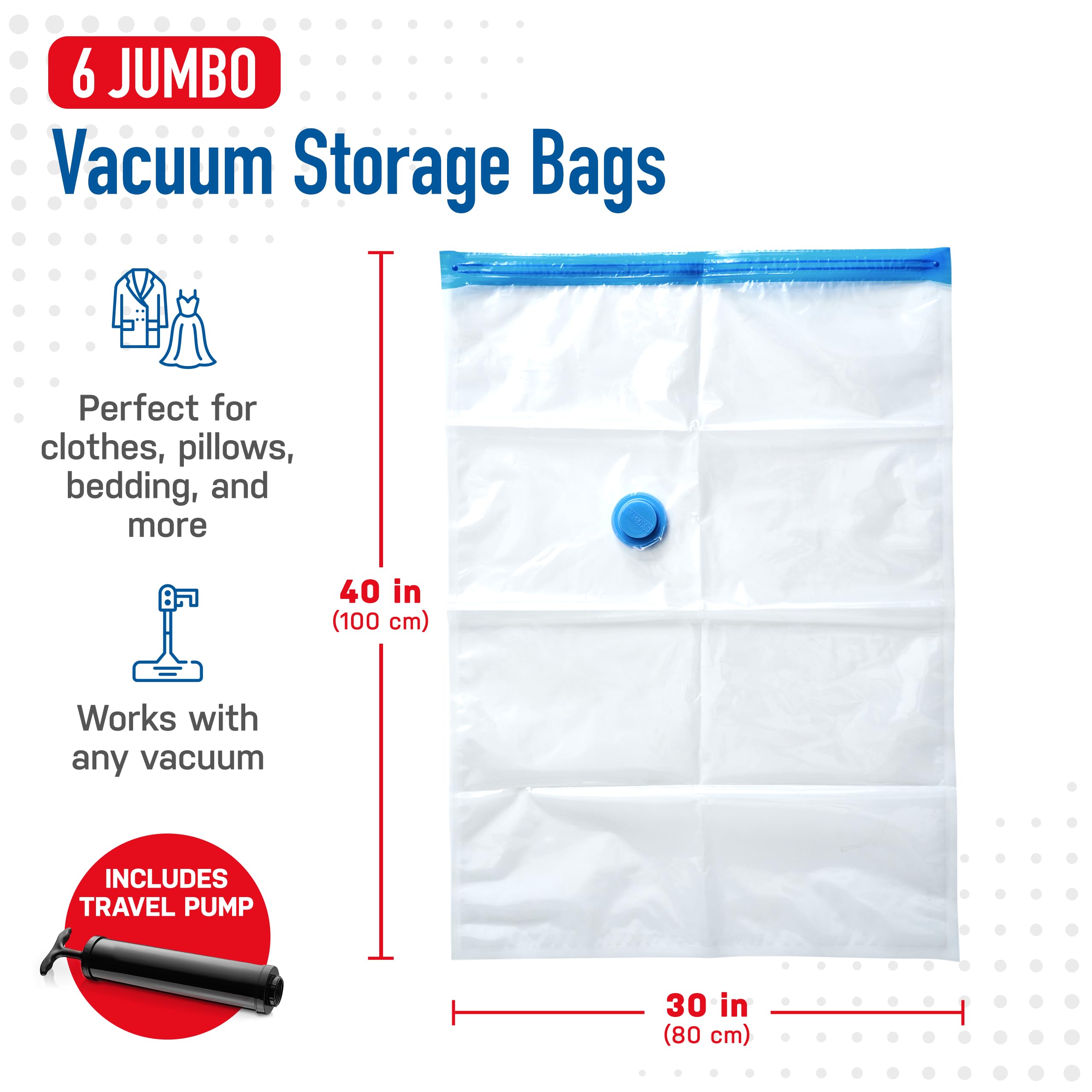 Spacesaver's Space Saver Vacuum Storage Bags (Jumbo 6-Pack) Save 80% Space - Vacuum Sealed Bags for Comforters, Blankets, Bedding, Clothing - Compression Seal for Closet Storage - Pump for Travel