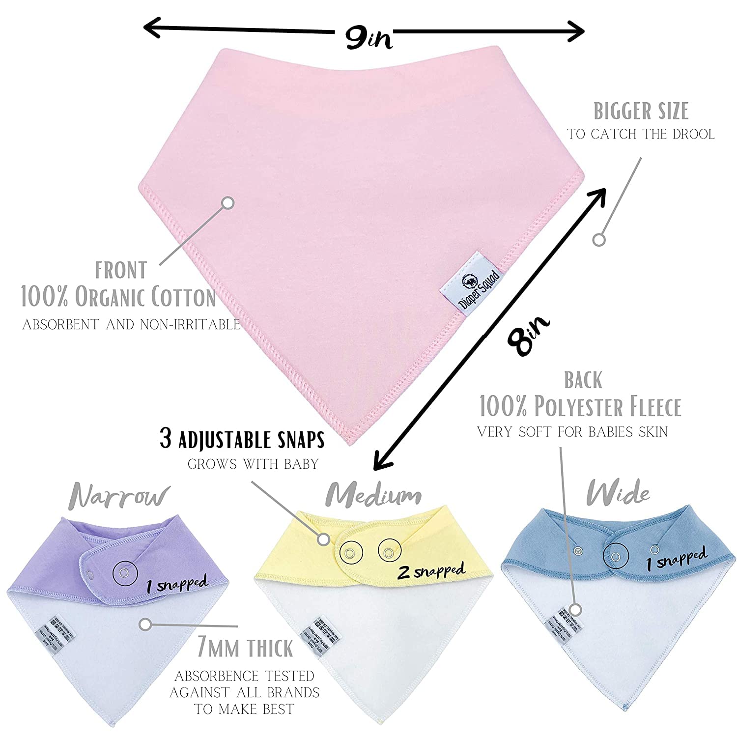 Diaper Squad 100% Organic Cotton Pastel 10-Pack Baby Drool Bandana Bibs Solid Colors for Boys and Girls