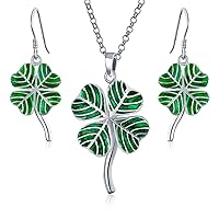 Irish Jewelry Set Shamrock Good Luck Charm 4 Leaf Enamel Green Clover Earrings Pendant Necklace Graduate For Women Teen .925 Sterling Silver