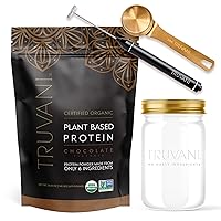 Truvani Vegan Chocolate Protein Powder with Jar, Frother & Scoop Bundle - 20g of Organic Plant Based Protein Powder - Includes Glass Jar, Portable Mini Electric Whisk & Durable Protein Powder Scoop