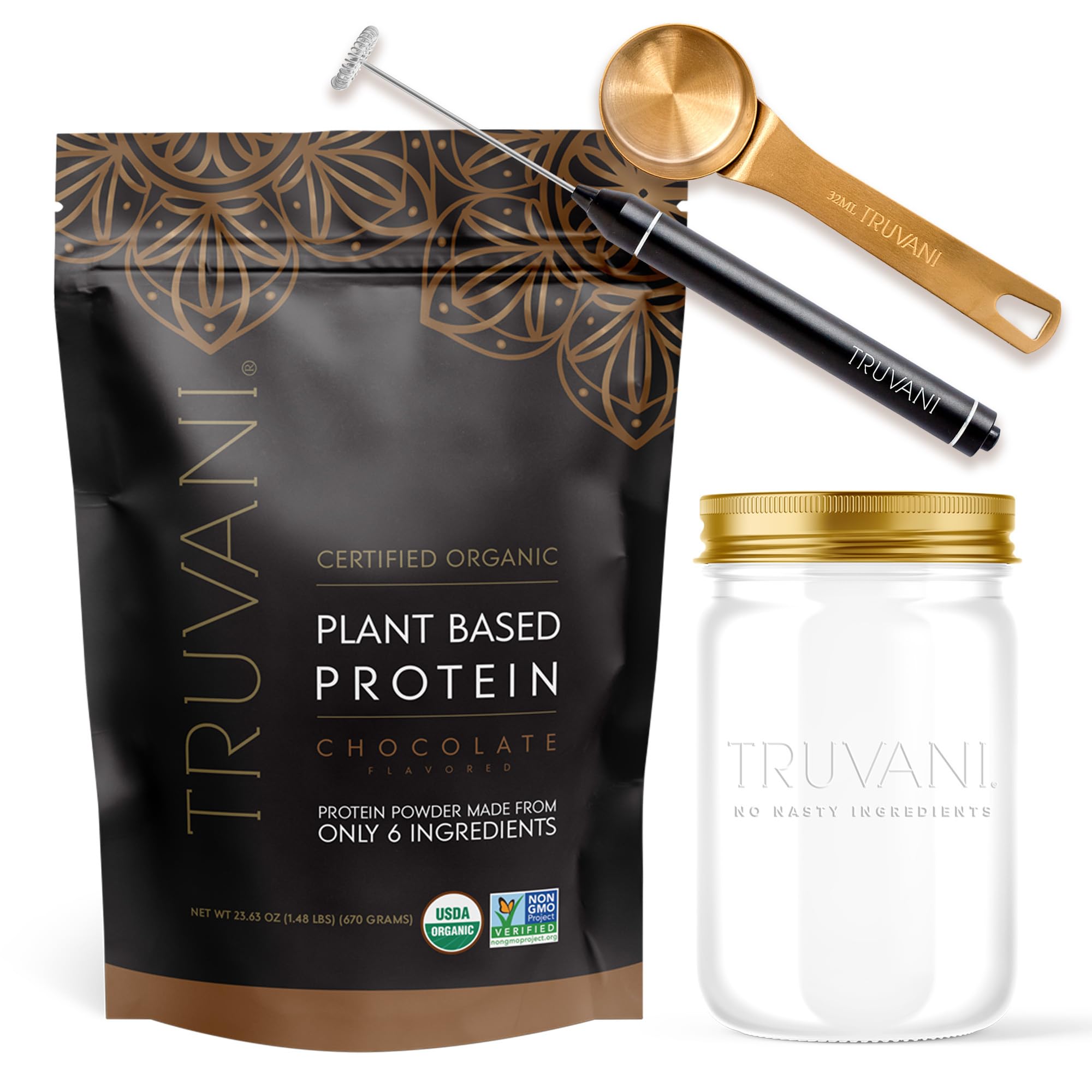 Truvani Vegan Chocolate Protein Powder with Jar, Frother & Scoop Bundle - 20g of Organic Plant Based Protein Powder - Includes Glass Jar, Portable Mini Electric Whisk & Durable Protein Powder Scoop