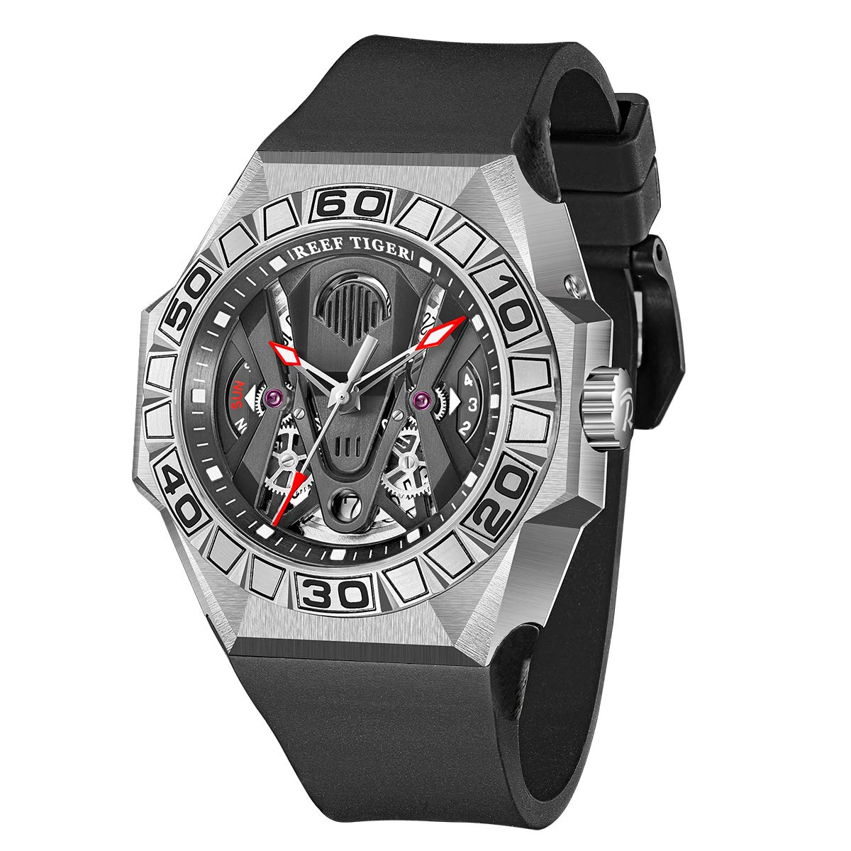 REEF TIGER Men Sport Automatic Watches Mechanical Skeleton Watch Rose Gold Waterproof Rubber Strap RGA6912