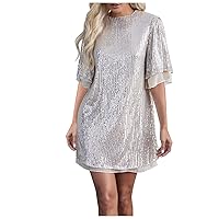 Women Short Sleeve Sparkle Sequin Mini Dresses Loose Casual Shimmer Tunic T Shirt Dress Cocktail Party Dress