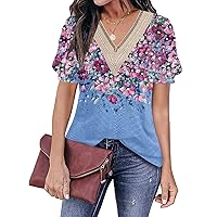 Womens Tops Casual Cute Tops Puff Sleeve Summer Tops 2024 Trendy Floral Print Lace V Neck Short Sleeve Shirts