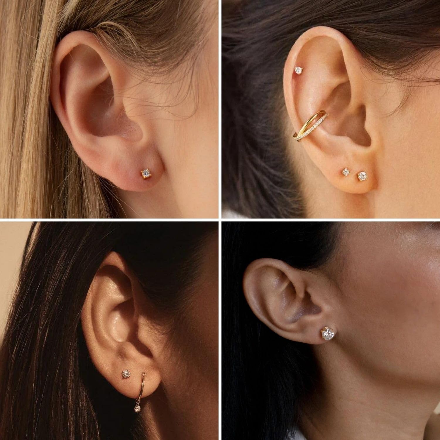 Kainier Women's 14K Gold Plated CZ Stud Earrings Simulated Diamond Round Cubic Zirconia Ear Stud Set（5 Pairs)