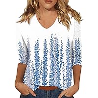 Womens Beach Vacation Outfits, Women's Summer Tops Womens Tshirt Women's 3/4 Sleeve Shirt Ladies Fashion V-Neck Blouse Summer Tunic Print Trendy 2024 Tee Tshirt Shirts for Women (Sky Blue,X-Large)