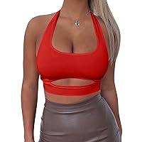 Mokoru Women's Sexy Halter Sleeveless Cut Out Crop Tops Square Neck Double Layer Backless Tank Cami