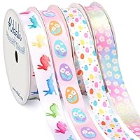 Ribbli 4 Rolls Easter Ribbon Colorful Bunny/Easter Eggs/Flowers/Satin Ribbon Use for Gift Wrapping,Wreath,Easter Basket Decoration,5/8 Inch Total 120 Feets (40 Yards)