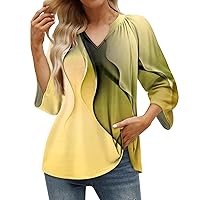 Striped Tshirt Women, Women's Casual 3/4 Sleeve T Shirt V Neck Pullover Top Blouses for Smocked Tops, S XXXL