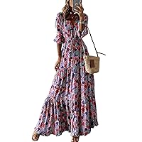 Women Short Ruffle Sleeve Maxi Dress V Neck Floral Boho Tiered Ruffle Large Hem Long Dress Casual Loose Beach Dress