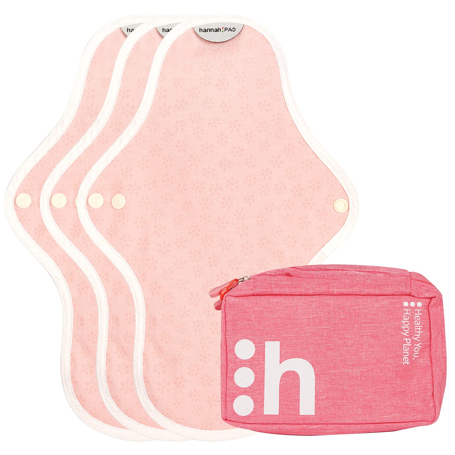 hannahPAD Organic Reusable Washable Sanitary Cloth Pads (3 Medium Pads, 1 Carry Pouch, Flower Garden Pink)