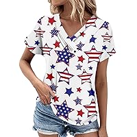 Womens 4Th of July Summer Tops Button Down V Neck T Shirts Trendy Patriotic Short Sleeve Blouses Flag Graphic Tees