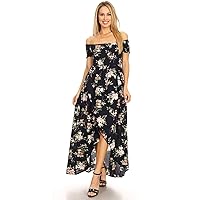 Anna-Kaci Women's Casual Floral Smocked Long Off Shoulder Hi-Lo Long Maxi Dress, Navy, Small