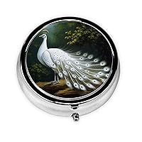 White Peacock Print Pill Box Round Pill Case 3 Compartment Portable Pill Organizer Mini Metal Pill Container for Vitamins Medication Supplements Purse Pocket Travel