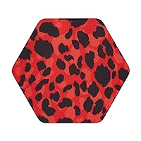 Red Leopard Pattern Print Leather Coaster Set of 6 Pieces,Hexagon Heat-Resistant Drinks Coffee Decorative Coaster for Living Room Kitchen,4 in
