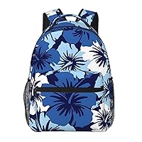 Blue Hibiscus Printed Laptop Backpack With Side Mesh Pockets Casual Backpack For Man Woman Travel Daypack