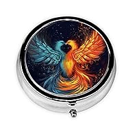 Fire and Water Phoenix Print Pill Box Round Pill Case 3 Compartment Portable Pill Organizer Mini Metal Pill Container for Vitamins Medication Supplements Purse Pocket Travel