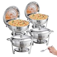 Chafing Dish Buffet Set, 6 Qt 4 Pack, Stainless Steel Chafer with Full Size Pan, Round Catering Warmer Server with Lid Water Pan Stand Fuel Holder Cover Holder Spoon, for at Least 6 People Each