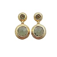 Designer Gold Plated Round Shape Green Amethyst Hydro Handmade Gemstone Brass Drop Earrings Jewelry