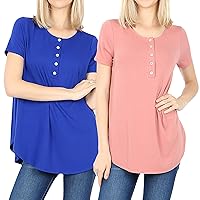 Women & Plus Short Sleeve Relaxed Henley Tee Shirt Top with Dolphin Hem and Shell Button