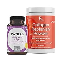 Reserveage Beauty Collagen Replenish Powder with Hyaluronic Acid & Vitamin C 8.25 oz & Twinlab Daily One Caps Without Iron - Nutritional Supplement 180 Capsules