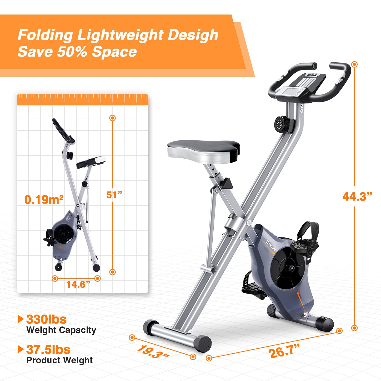 BCAN Folding Exercise Bike - Foldable Stationary Bike 330 LBS Weight Capacity, 8 Levels Magnetic Resistance for Home Gym