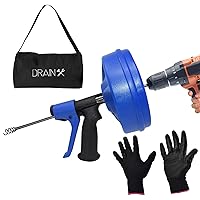 DrainX SPINFEED 35 Foot Snake Drum Auger | Drill Power or Manual Use - Auto Extend and Retract Snake | Work Gloves and Storage Bag Included